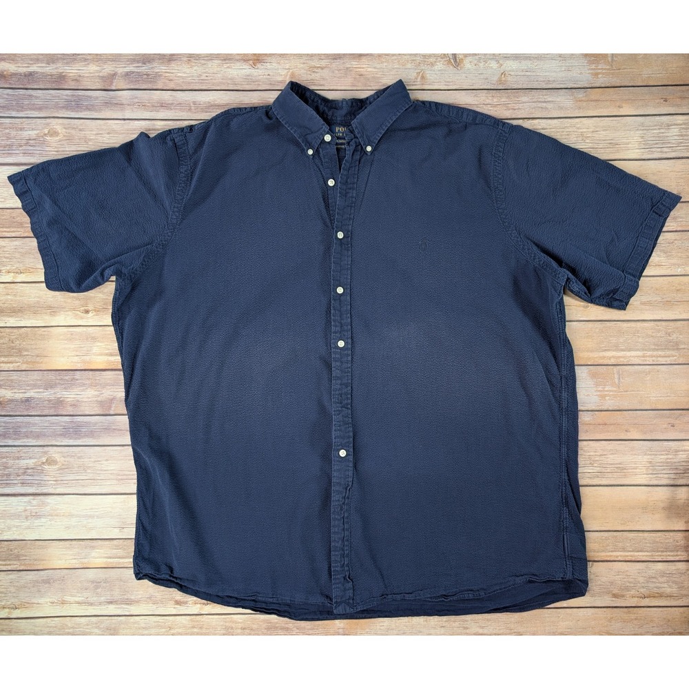 Polo Ralph Lauren Shirt Mens 3XLT Seersucker Navy Blue Short Sleeve Untucked Fit